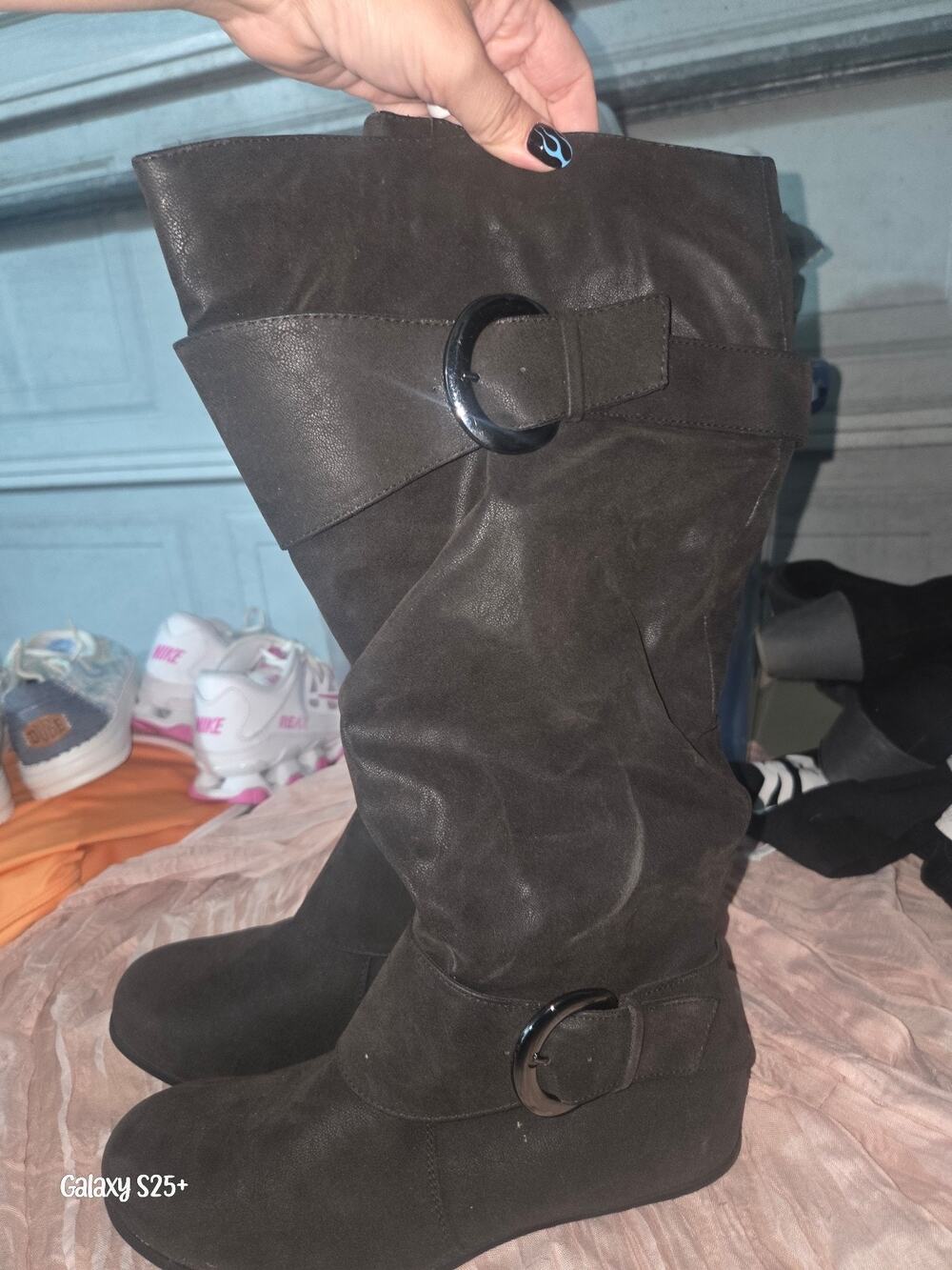 Women's 7.5 wide calf black wedge boots with buckle detail